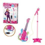 KIT GUITARRA E MICROFONE COM PEDESTAL INFANTIL MINI ESTRELA DO ROCK MUSICAL SHOW LUZ E SOM ROSA