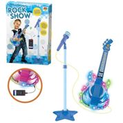 KIT GUITARRA E MICROFONE COM PEDESTAL INFANTIL MINI ESTRELA DO ROCK MUSICAL SHOW LUZ E SOM AZUL MENINOS