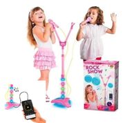 MICROFONE INFANTIL DUPLO KARAOKE PEDESTAL MP3 CELULAR LUZ PRINCESA ROSA MENINA