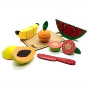 Kit Frutinhas Madeira Com Corte 5 Frutas +Faca +Tábua