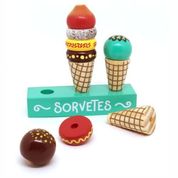 Coleção Comidinhas - Kit sorvete de Madeira infantil 12pcs