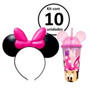 Kit 10 Tiaras Com e Laço e 10 Copos da  Minnie com tampa e canudo para Festa Infantil