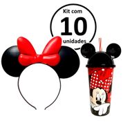 Kit 10 Tiaras Com e Laço e 10 Copos da Minnie com tampa e canudo para Festa Infantil