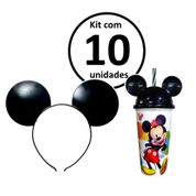 Kit 10 Tiaras com Orelhas e 10 Copos do Mickey com tampa e canudo para Festa Infantil