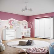 Quarto de Bebê Guarda Roupa Theo 3 Portas Cômoda Lola 4 Gavetas Berço 3 em 1 Mirelle Branco Brilho Carolina Baby