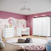 Quarto de Bebê Guarda Roupa Theo 3 Portas Cômoda Lola 4 Gavetas Berço 3 em 1 Gabrielle Branco Brilho Carolina Baby