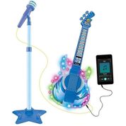 GUITARRA COM MICROFONE BRINQUEDO INFANTIL SOM E LUZ CONECTA CELULAR MP3 KARAOKE CRIANÇA ROCK BOY AZUL