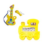 KIT GUITARRA INFANTIL ELETRICA COM MICROFONE E MINI PIANO TECLADO TRENZINHO BANDINHA MENINO MENINA AMARELO