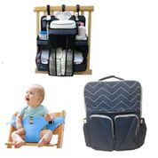 KIT PARA BEBE COM MOCHILA MATERNIDADE ORGANIZADOR DE FRALDA E CADEIRINHA DE ALIMENTACAO EM TECIDO