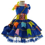 Vestido Festa Junina Infantil Luxo Azul Com Bandeirinhas e Bolsa