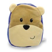 Mochila Passeio em Pelúcia Bordada Urso Bege e Azul