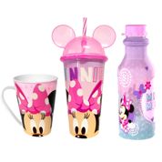 Kit Infantil da Minnie Caneca Garrafa e Copo de Orelhas Rosa