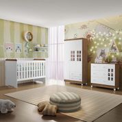 Quarto de Bebê Guarda Roupa Ariane 3 Portas Cômoda com Fraldário Bianca Berço 3 em 1 Gabrielle Branco Amadeirado Carolina Baby