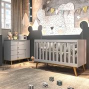 Quarto de Bebê Retrô Cômoda 4 Gavetas com Fraldário Berço 3 em 1 Ludmila Cinza Carolina Baby