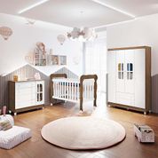 Quarto de Bebê com Colchão Guarda Roupa 4 Portas Cômoda com Fraldário Gabrielle Berço 3 em 1 Lila Branco Amadeirado Carolina Baby