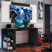 Mesa Gamer Escrivaninha com Painel TV 65" Guilda Multimóveis Preto/Branco/Madeirado