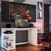 Mesa Gamer Escrivaninha com Painel TV 65" Guilda Multimóveis Branco/Preto