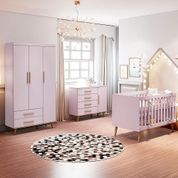 Quarto de Bebê Retrô Guarda Roupa 3 Portas com Gavetas Cômoda 4 Gavetas com Porta Berço Evolutivo Ludmila Rosa com Bétula Carolina Baby