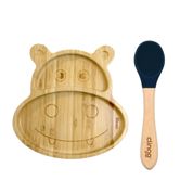 Kit Alimentação Bambu Hipopótamo e Colher Clingo Azul Navy