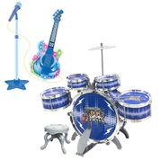 Kit Bateria Guitarra Amplificadora Com Microfone Pedestal Infantil Rock Luz e Som Azul - DM Toys