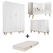 Quarto de Bebê Retrô com Colchão Guarda Roupa 4 Portas Cômoda com Porta Cris Berço Mini Cama com Capitonê Lorena Branco Fosco com Bétula Carolina Baby