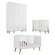 Quarto de Bebê Retrô Guarda Roupa 4 Portas Cômoda 4 Gavetas com Porta Cris Berço Americano 3 em 1 Ludmila Branco Fosco com Bétula Carolina Baby