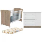 Berço Mini Cama 2484 E Comoda 2561 Doce Sonho Carvalho Rustico Branco Com Colchao E Rodizios Qmovi