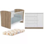 Berço Mini Cama 2484 E Comoda 2561 Doce Sonho Carvalho Rustico Branco Com Colchao Qmovi