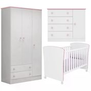 Quarto Infantil 03 Peças Doce Sonho 2484X2617X2561 Branco Rosa Com Rodizios Qmovi