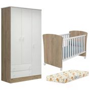 Berço Mini Cama 2484 E Guarda Roupa 2617 Doce Sonho Carvalho Rustico Branco Com Colchao E Rodizios Qmovi