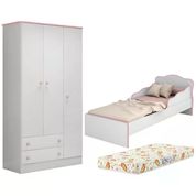 Mini Cama Infantil 849 E Guarda Roupa 2617 Doce Sonho Branco Rosa Com Colchao Qmovi