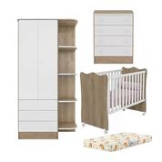 Quarto Infantil 03 Peças Doce Sonho 1X777X825 Carvalho Rustico Branco Com Colchao E Rodizios Qmovi