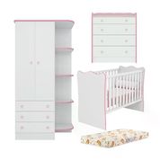 Quarto Infantil 03 Peças Doce Sonho 1X2523X825 Branco Rosa Com Colchao Qmovi