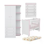 Quarto Infantil 03 Peças Doce Sonho 1X777X825 Branco Rosa Com Colchao E Rodizios Qmovi