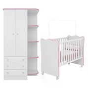 Berço Simples 1 E Guarda Roupa 825 Doce Sonho Branco Rosa Com Rodizios Qmovi