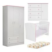 Quarto Infantil 03 Peças Doce Sonho 2484X2617X2561 Branco Rosa Com Colchao Qmovi