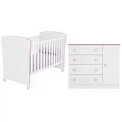 Berço Mini Cama 2484 E Comoda 2561 Doce Sonho Branco Rosa Com Rodizios Qmovi