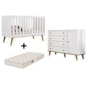 Quarto de Bebê Retrô com Colchão Cômoda 4 Gavetas com Porta Cris Berço Americano 3 em 1 Ludmila Branco Fosco com Bétula Carolina Baby