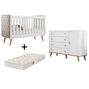 Quarto de Bebê Retrô com Colchão Cômoda 4 Gavetas com Porta Cris Berço Mini Cama com Capitonê Lorena Branco Fosco com Bétula Carolina Baby