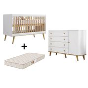 Quarto de Bebê Retrô com Colchão Cômoda 4 Gavetas com Porta Cris Berço 3 em 1 Lígia Branco Fosco com Bétula Carolina Baby