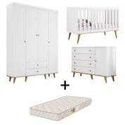 Quarto de Bebê Retrô com Colchão Guarda Roupa 4 Portas Cômoda com Porta Cris Berço Americano 3 em 1 Ludmila Branco Fosco com Bétula Carolina Baby