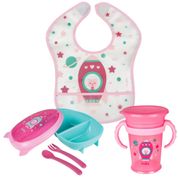 Kit Alimentação Foguete Rosa Babador Copo Prato Talher Buba