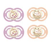 KIT CHUPETAS MAM PERFECT NIGHT 6+ MESES BRILHA ESCURO TAMANHO 2 BICO SILICONE EMBALAGEM COM 4 MENINO MENINA Cor:Rosa Cor