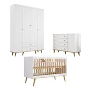 Quarto de Bebê Retrô Guarda Roupa 4 Portas com Gavetas Cômoda 4 Gavetas com Porta Cris Berço 3 em 1 Lígia Branco Fosco com Bétula Carolina Baby