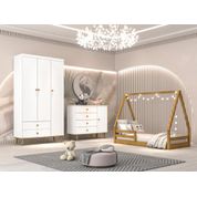 Quarto Infantil Guarda Roupa 3 Portas Cômoda 4 Gavetas com Porta Lígia Cama Casinha Montessoriano Duda Branco Fosco com Bétula Carolina Baby