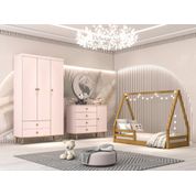 Quarto Infantil Guarda Roupa 3 Portas Cômoda 4 Gavetas com Porta Lígia Cama Casinha Montessoriano Duda Rosa Fosco com Bétula Carolina Baby