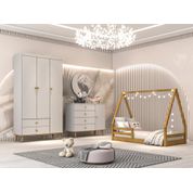 Quarto Infantil Guarda Roupa 3 Portas Cômoda 4 Gavetas com Porta Lígia Cama Casinha Montessoriano Duda Cinza Fosco com Bétula Carolina Baby