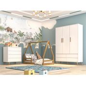 Quarto Infantil Guarda Roupa 3 Portas com Gavetas Cômoda 4 Gavetas Lorena Cama Casinha Montessoriano Duda Branco Fosco com Bétula Carolina Baby