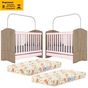 Kit 2 Bercos Mini Cama 3 Em 1 Com Colchoes I02 Rustico Rosa Cha Henn