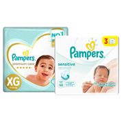 Kit Fralda Pampers Premium Care Nova Top Tamanho XG - 76 Unidades + Toalhinhas Umedecidas Pampers Sensitive c/ 168